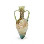 ROMAN TURQUOISE GREEN GLASS AMPHORA SHAPED TWIN HANDLE VESSEL, 3RD CENTURY