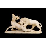 A ROMAN MARBLE GROUP OF A LION ATTACKING AN IBEX, CIRCA 1ST CENTURY A.D.