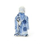 A CHINESE BLUE & WHITE STANDING LUOHAN BUDDHA FIGURE, 18TH CENTURY OR EARLIER