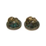 A PAIR OF EMBELLISHED GILT BRONZE, SILVER INLAID BRONZE WEIGHTS, POSSIBLY EASTERN ZHOU, WARRING STAT