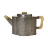 A CHINESE YIXING PEWTER & JADE ENCASED TEAPOT,19TH CENTURY