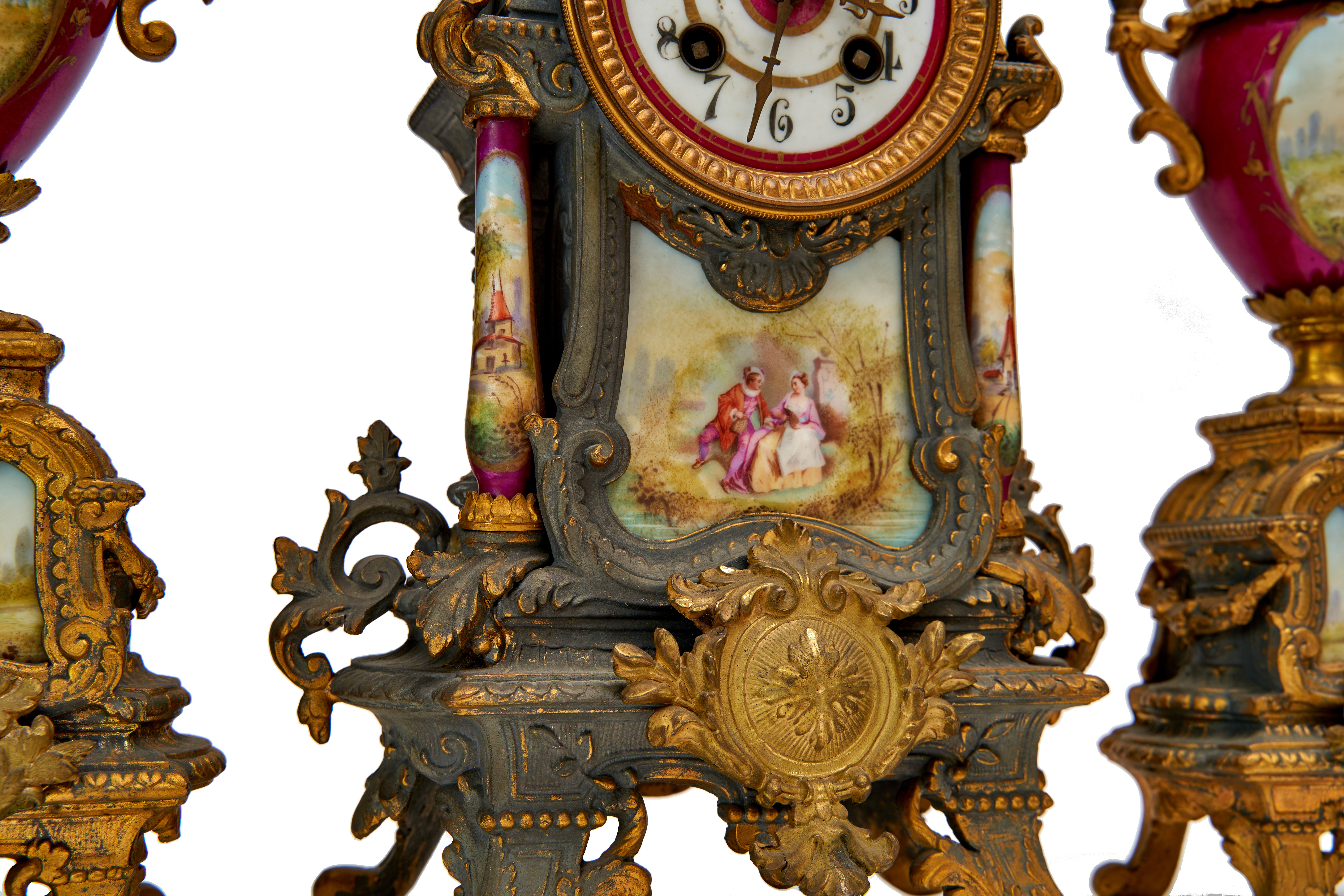 A PORCELAIN & BRONZE MOUNTED CLOCK GARNITURE, FRANCE, PROBABLY 19TH CENTURY - Image 4 of 4