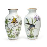 A LARGE PAIR OF BIRD DECORATED FLORAL VASES