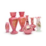 ASSORTMENT OF PINK OPALINE VASES