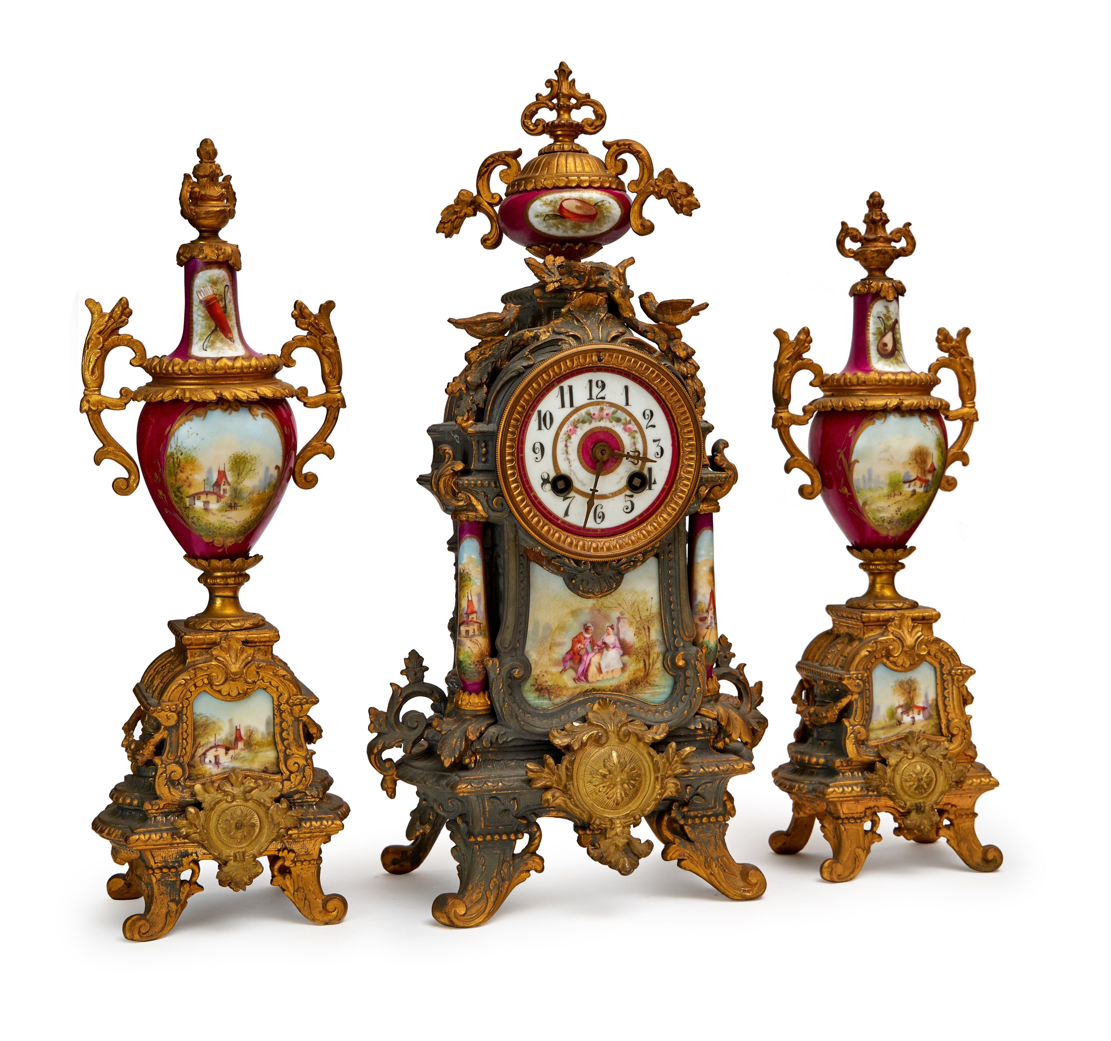A PORCELAIN & BRONZE MOUNTED CLOCK GARNITURE, FRANCE, PROBABLY 19TH CENTURY