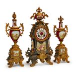 A PORCELAIN & BRONZE MOUNTED CLOCK GARNITURE, FRANCE, PROBABLY 19TH CENTURY