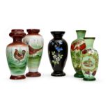 FIVE HAND PAINTED OPALINE VASES, 19TH CENTURY, FRANCE