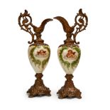 A PAIR OF OPALINE BRONZE MOUNTED EWERS, 19TH CENTURY