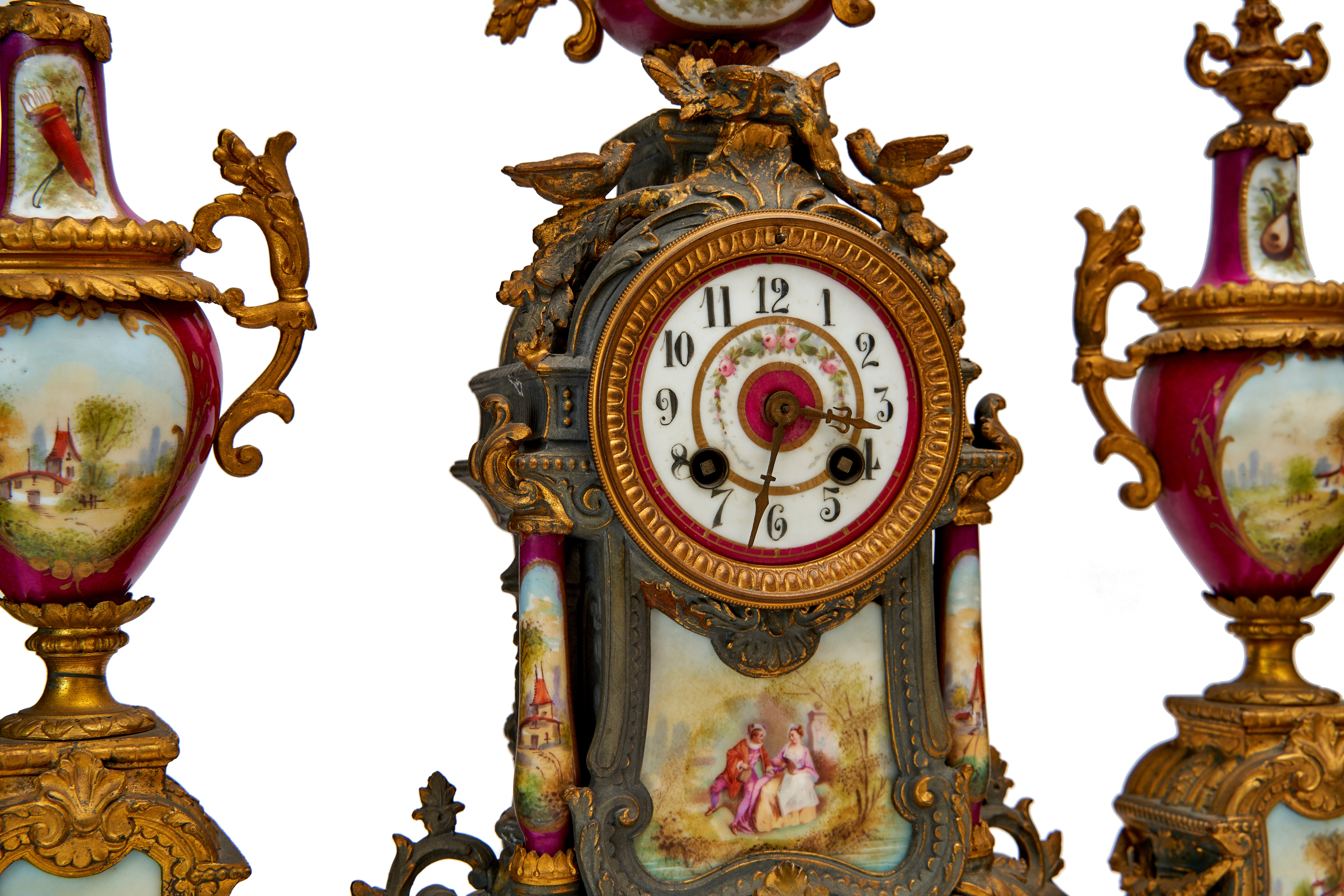 A PORCELAIN & BRONZE MOUNTED CLOCK GARNITURE, FRANCE, PROBABLY 19TH CENTURY - Image 2 of 4