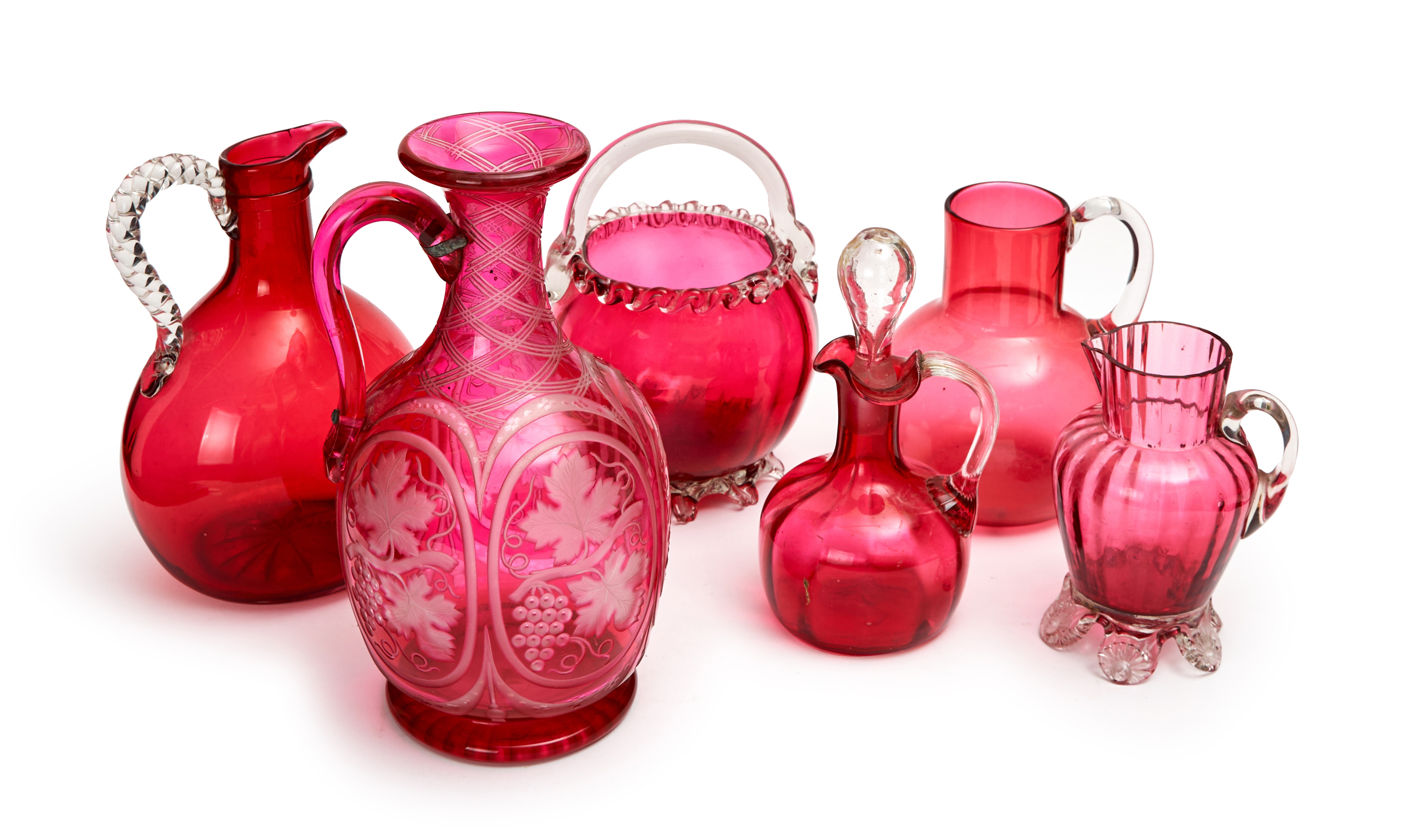 ASSORTMENT OF CRANBERRY GLASS OBJECTS, COMPROMISING EWERS & A BASKET - Image 2 of 2