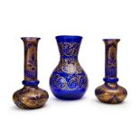 THREE GILT BLUE GLASS VASES, 19TH CENTURY