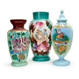 THREE FLORAL OPALINE VASES, 19TH CENTURY