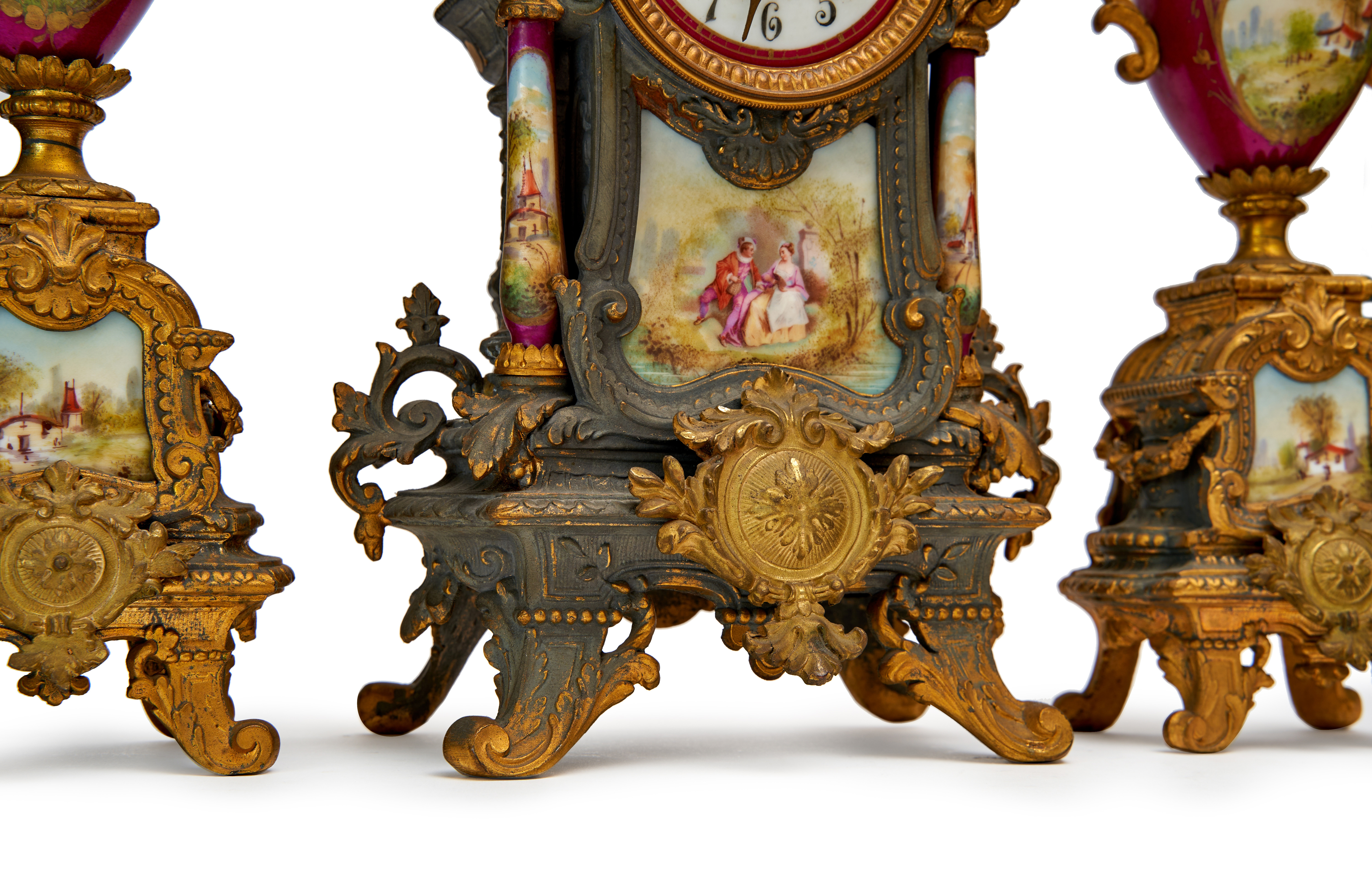 A PORCELAIN & BRONZE MOUNTED CLOCK GARNITURE, FRANCE, PROBABLY 19TH CENTURY - Image 3 of 4