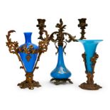 THREE BOHEMIAN GLASS VASES ON GILT BRONZE MOUNTS, 19TH CENTURY