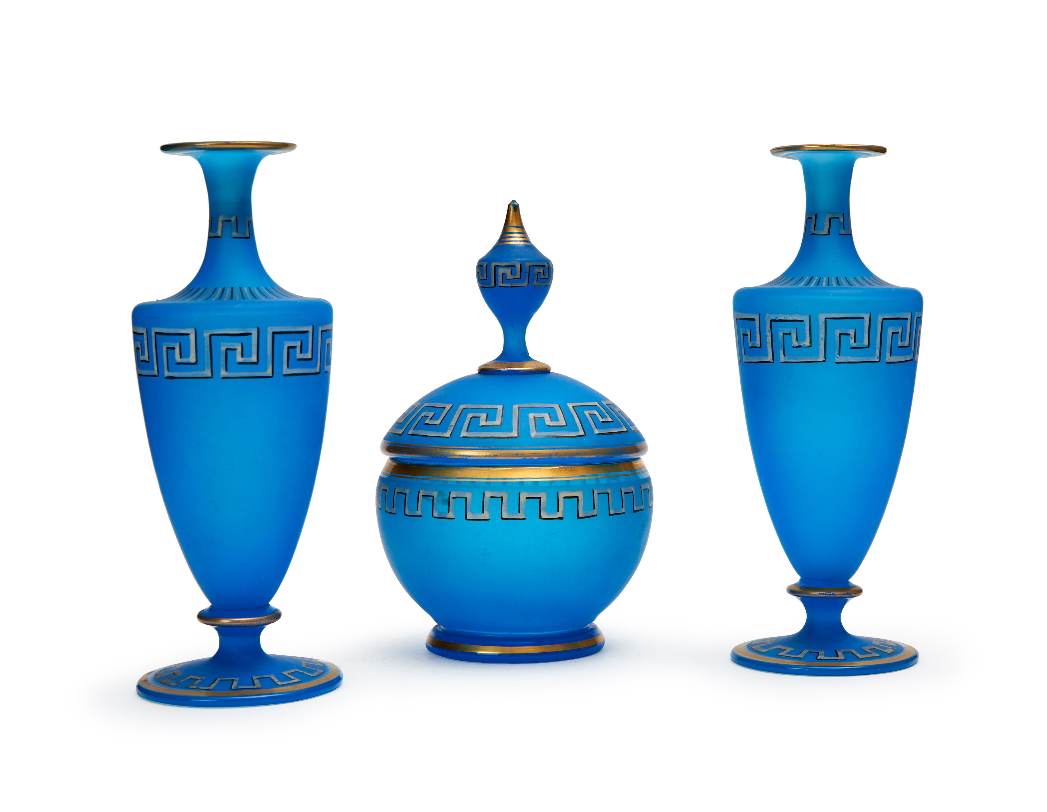 THREE "GREEK" STYLE FROSTED BOHEMIAN VASES, 19TH CENTURY