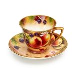 A ROYAL WORCESTER FRUIT HAND PAINTED CUP & SAUCER