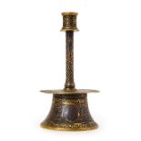 A BRASS ENGRAVED VENETO SARACENIC STYLE CANDLESTICK, PROBABLY 19TH CENTURY OR EARLIER