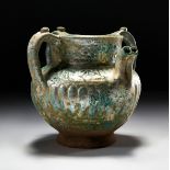 AN EXCEEDINGLY RARE DOUBLE HEADED GLAZED TURQUOISE KASHAN JUG, 13TH CENTURY, PERSIA