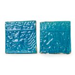 TWO KASHAN GLAZED MOULDED TURQUOISE POTTERY TILES, 13TH CENTURY, PERSIA