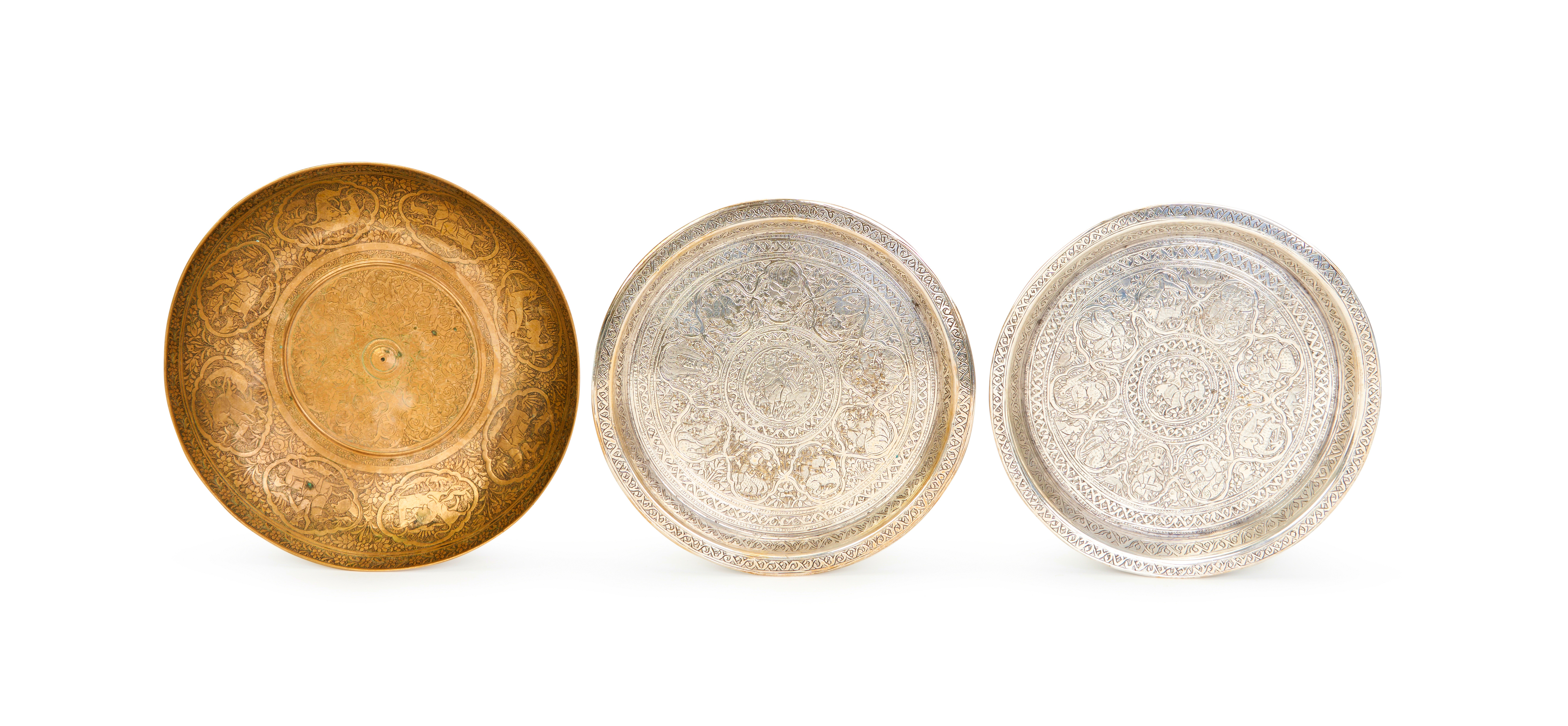 A HAND CHASED PERSIAN QAJAR BRASS DISH WITH A PAIR OF SILVERED BRASS DISHES, 19TH CENTURY - Image 4 of 13