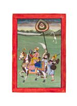 A PUNJAB PROCESSION WITH AN EAGLE IN A KING'S HAND SEATED ON A HORSE, 19TH CENTURY