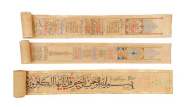 THREE PERSIAN//OTTOMAN QURAN SCROLLS,, 19TH/20TH CENTURY