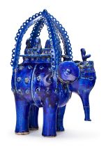 A COBALT BLUE MOULDED GLAZED KASHAN ELEPHANT FIGURE, 12TH CENTURY PERSIA