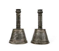 A MONUMENTAL PAIR OF MAMLUK REVIVAL TINNED COPPER CANDLESTICKS, 19TH CENTURY, SYRIA