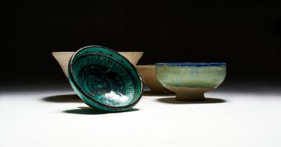 FOUR DECORATED KASHAN POTTERY BOWLS, 12TH CENTURY, PERSIA