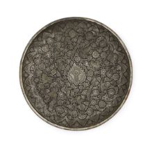 A LARGE WHITE METAL ENGRAVED FLORAL & PEACOCK DISH, INDIA, PROBABLY MUGHAL, 19TH CENTURY AND LATER