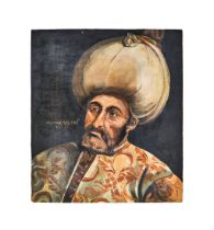 AN OTTOMAN PORTRAIT OF SULTAN MEHMET I, 17TH/18TH CENTURY, OIL ON BOARD