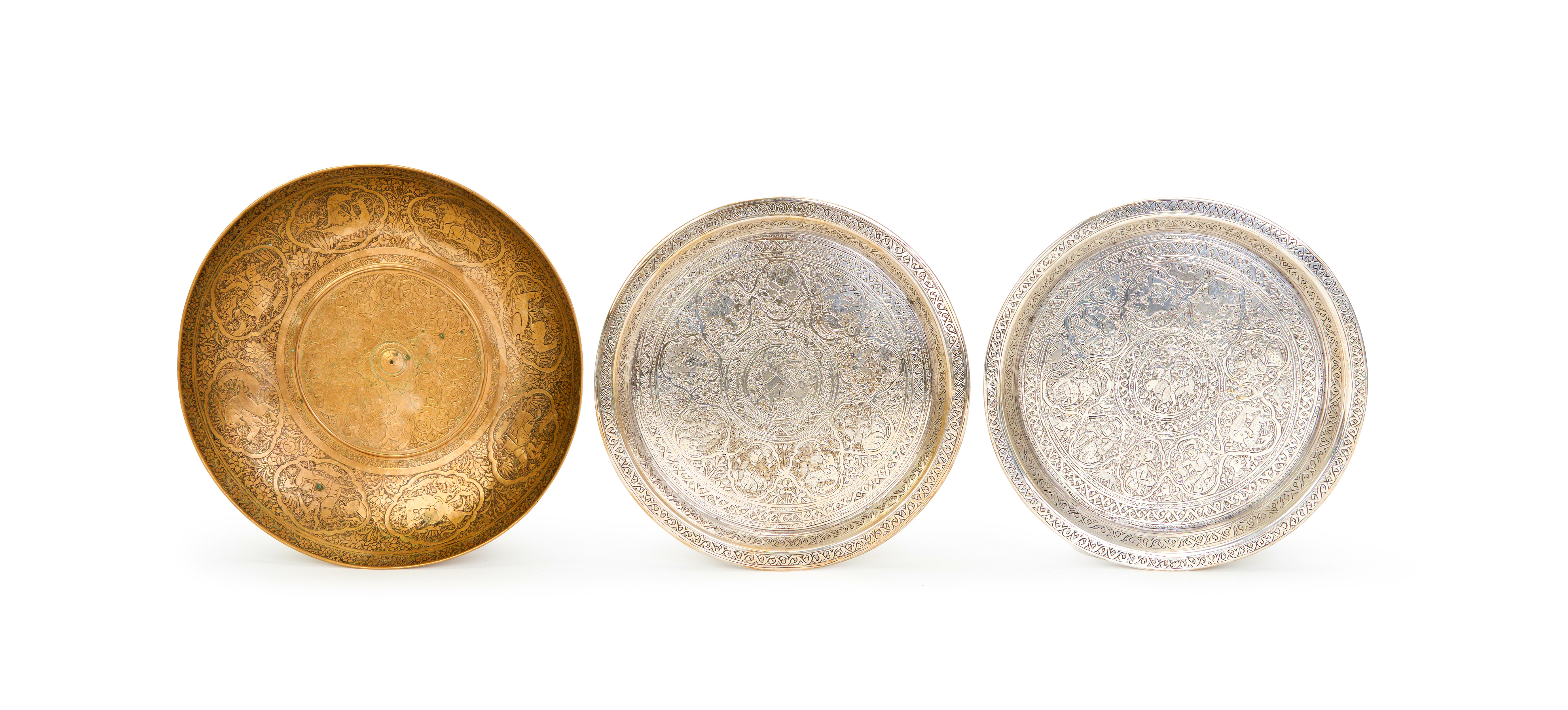 A HAND CHASED PERSIAN QAJAR BRASS DISH WITH A PAIR OF SILVERED BRASS DISHES, 19TH CENTURY - Image 3 of 13