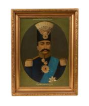 AN EXTREMELY IMPORTANT OIL ON CANVAS PORTRAIT DEPICTING NASER AL-DIN SHAH, SIGNED BY MUHAMMAD HASSAN