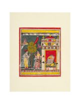 A MALWA/CENTRAL INDIA RAGINI PAINTING DEPICTING THE HERO BEING WELCOMED FOR THE PRINCESS BY A LADY A