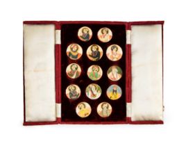 A HIGHLY RARE SET OF PAINTED PLAQUES DEPICTING MUGHAL EMPERORS, 19TH CENTURY INDIA