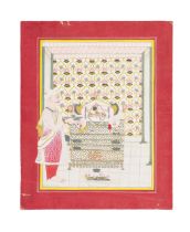 A KATHA RAJA WORSHIPPING SRINATH JI, DEPICTING RAJA KISHORE SINGH OF KOTAH CIRCA 1830'S