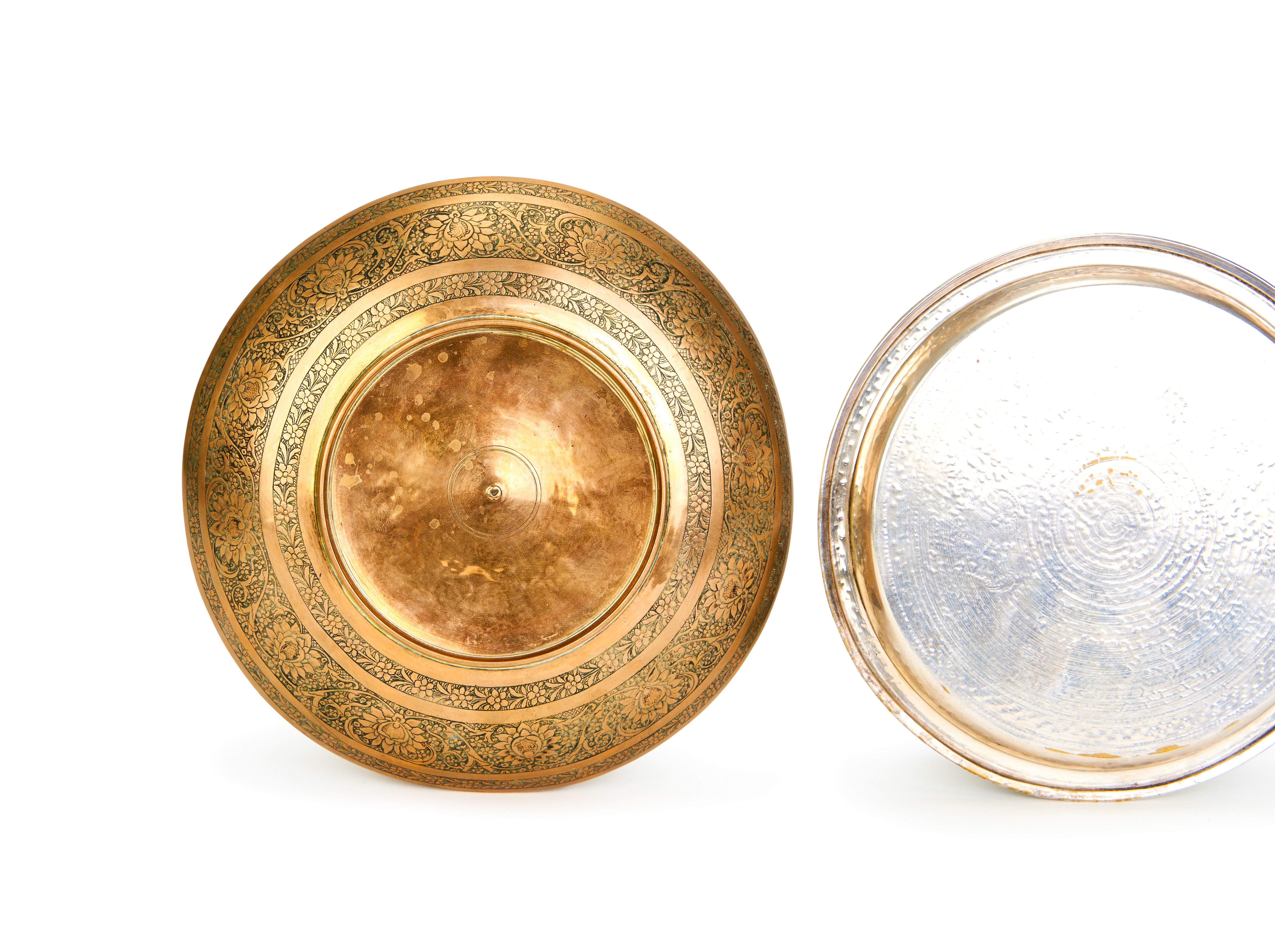 A HAND CHASED PERSIAN QAJAR BRASS DISH WITH A PAIR OF SILVERED BRASS DISHES, 19TH CENTURY - Image 12 of 13