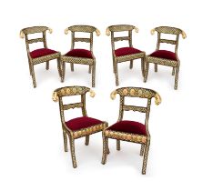 A SET OF SIX INLAID INDIAN DINING CHAIRS, 20TH CENTURY