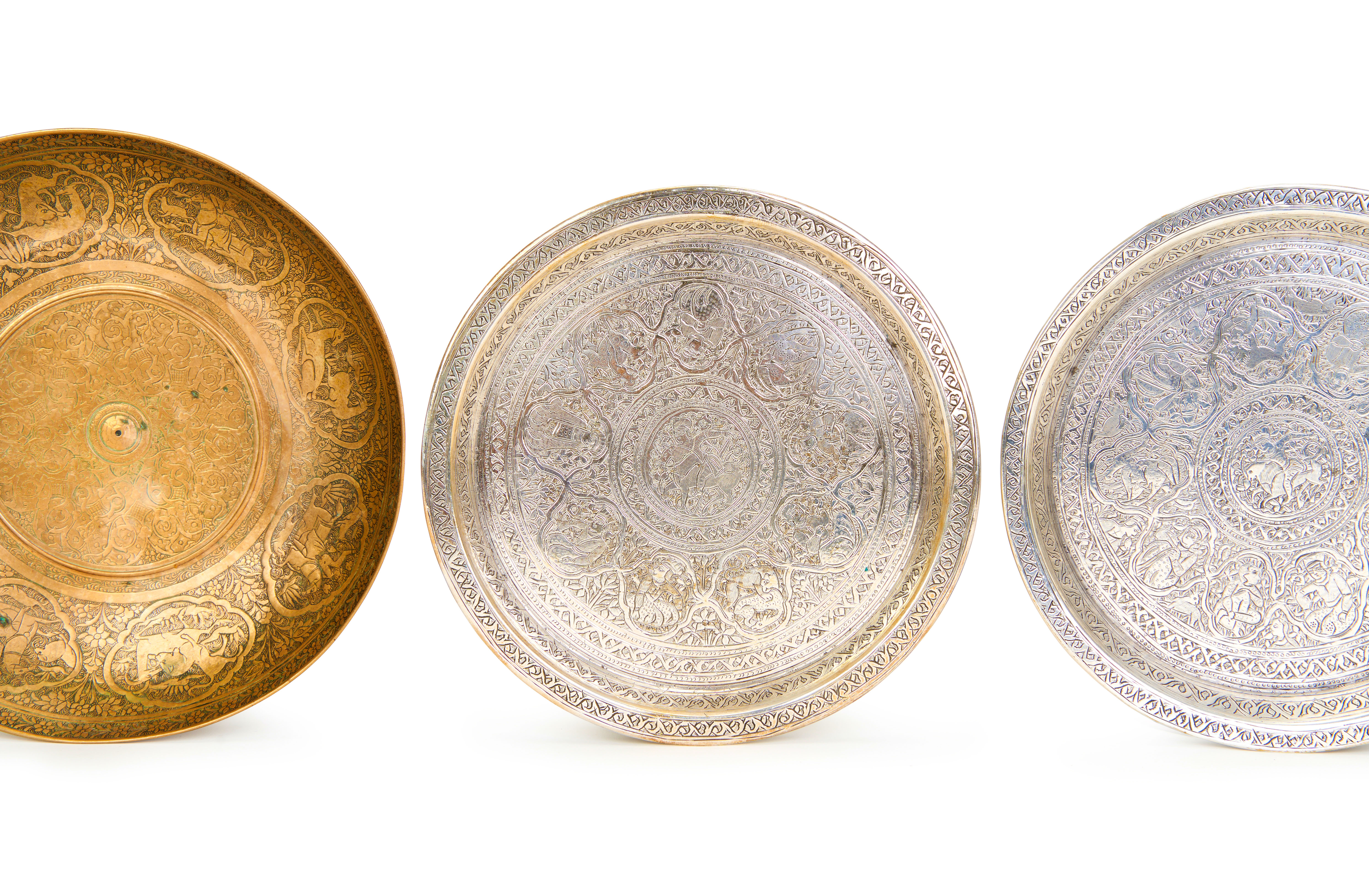A HAND CHASED PERSIAN QAJAR BRASS DISH WITH A PAIR OF SILVERED BRASS DISHES, 19TH CENTURY - Image 7 of 13