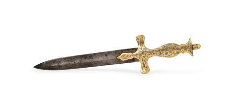 A GOLD DAMASCENED STRAIGHT HANDLE DAGGER, 19TH CENTURY, OTTOMAN OR PERSIA