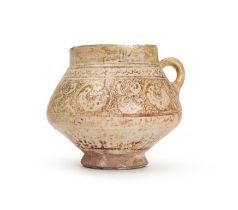 A KASHAN LUSTRE GLAZED INSCRIBED & FIGURAL POTTERY JUG, 12TH CENTURY, PERSIA