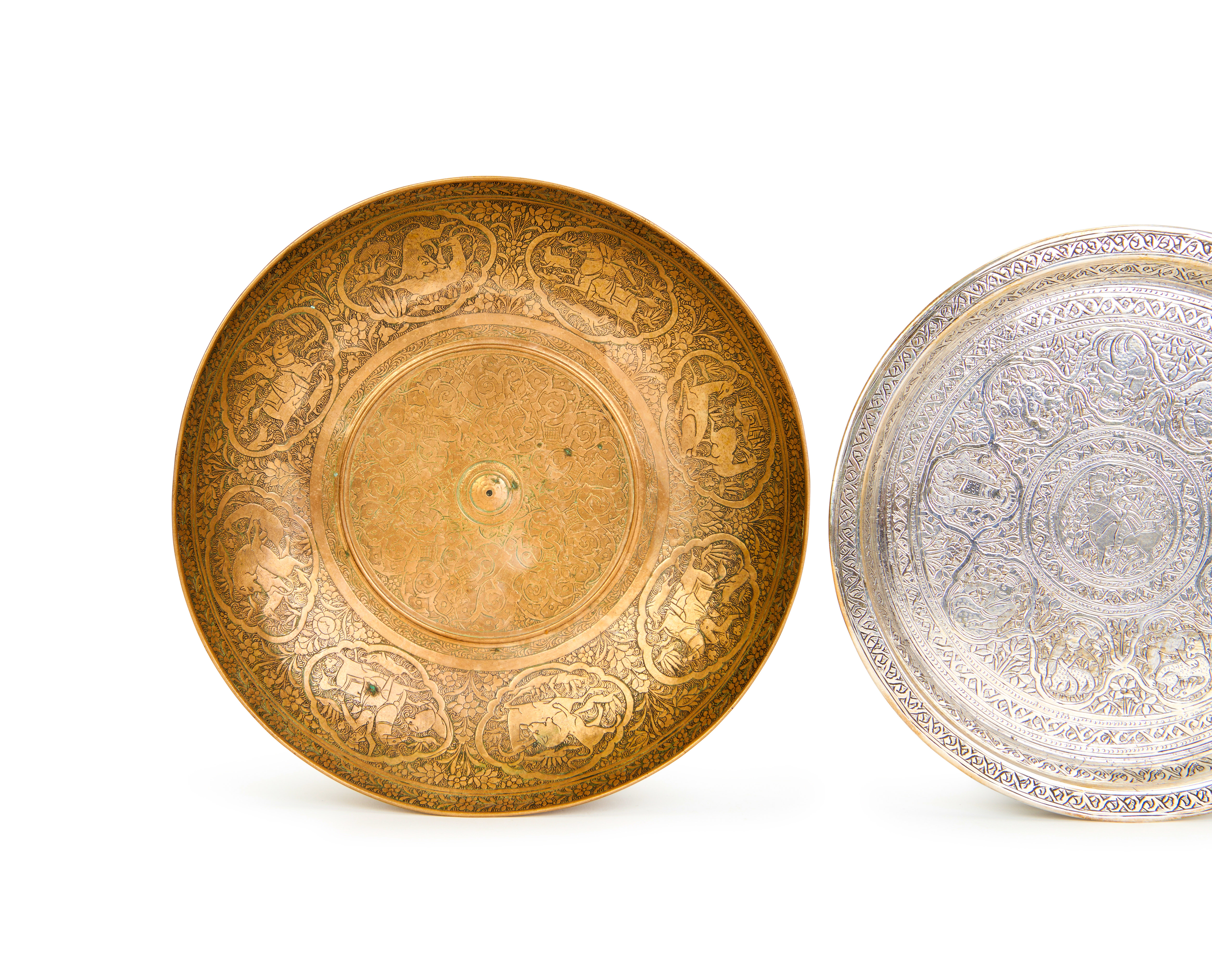 A HAND CHASED PERSIAN QAJAR BRASS DISH WITH A PAIR OF SILVERED BRASS DISHES, 19TH CENTURY - Image 6 of 13