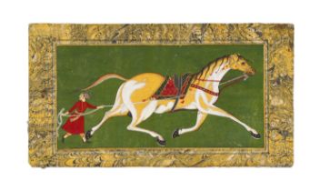 A MUGHAL PAINTING OF A GALLOPING HORSE WITH TRAINER & REVERSE CALLIGRAPHIC PANEL, 1800'S, EARLY 19TH