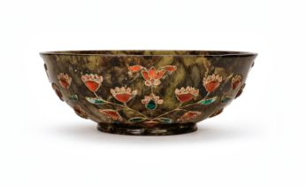 A GEM SET SPINACH JADE BOWL, 19TH CENTURY, MUGHAL, INDIA