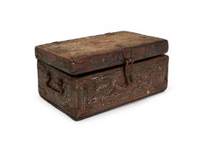 A CALLIGRAPIC INSCRIBED WOODEN CASKET