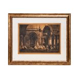 A 19TH CENTURY ORIENTAL EGYPTIAN MOSQUE SCENE, MAMLUK STYLE PRINT PAINTING, SIGNED