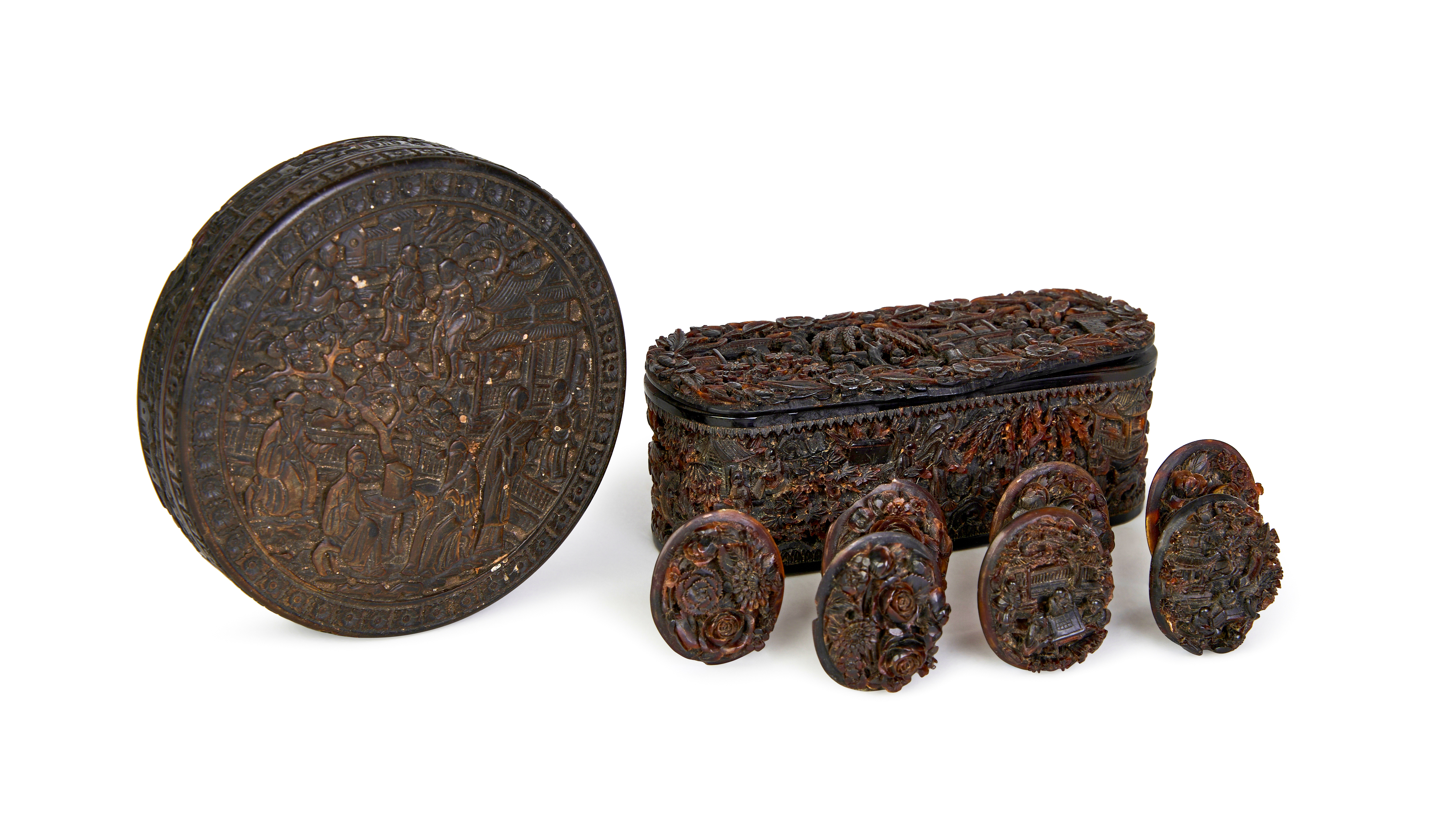 ASSORTMENT OF CARVED CHINESE TORTOISE SHELL BOXES, 18TH CENTURY