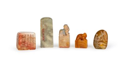 FIVE CHINESE CARVED HARSTONE INSCRIBED SEALS, QING DYNASTY (1644-1911)