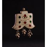 A MUGHAL WHITE JADE GEM SET LEAF PENDANT, 19TH CENTURY