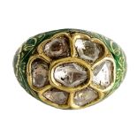 A MUGHAL ENAMEL & CARVED DIAMOND RING, SET ON GOLD, 19TH CENTURY OR LATER